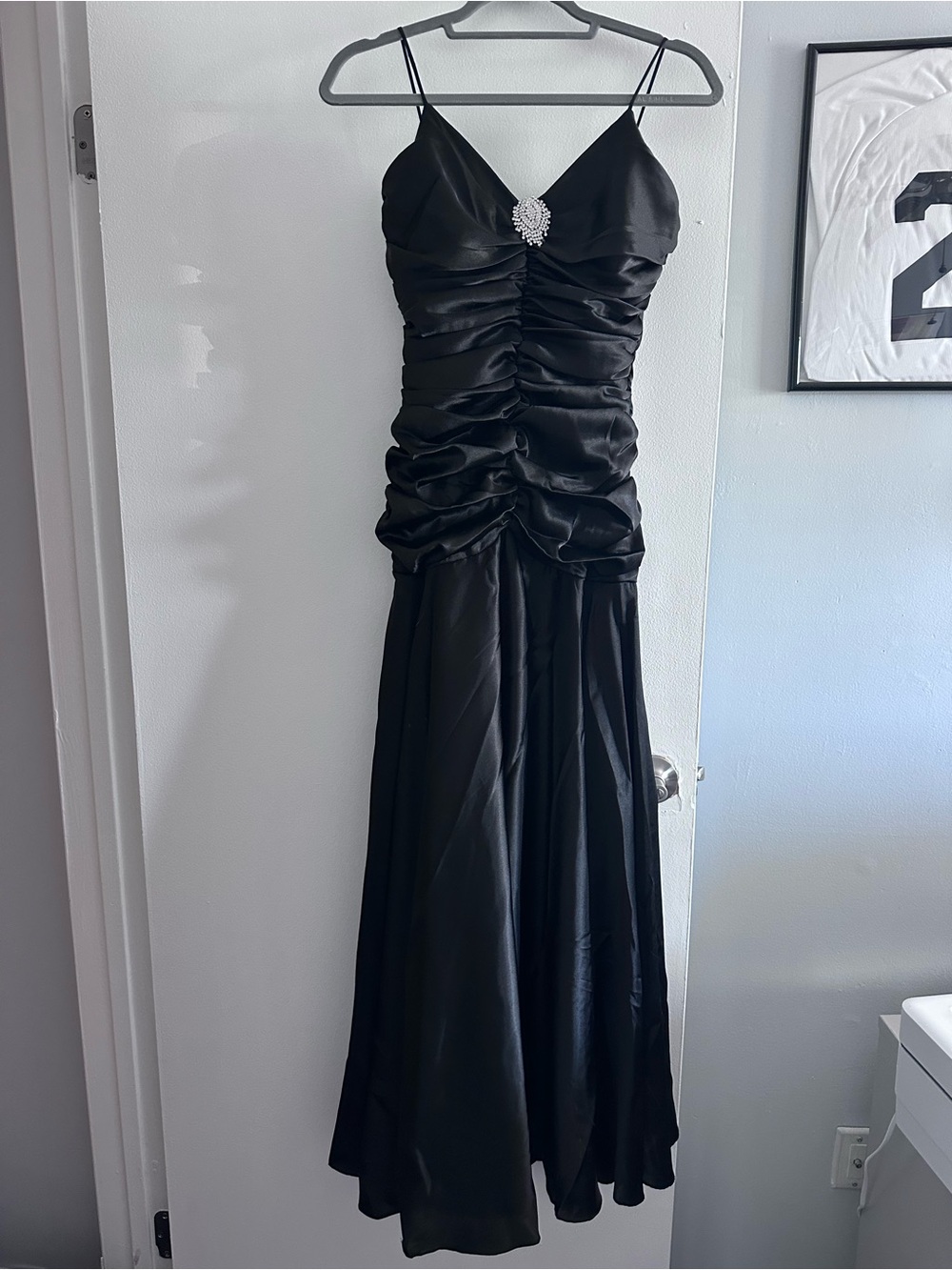 Black Satin Ruched Maxi Dress with Rhinestone Accent